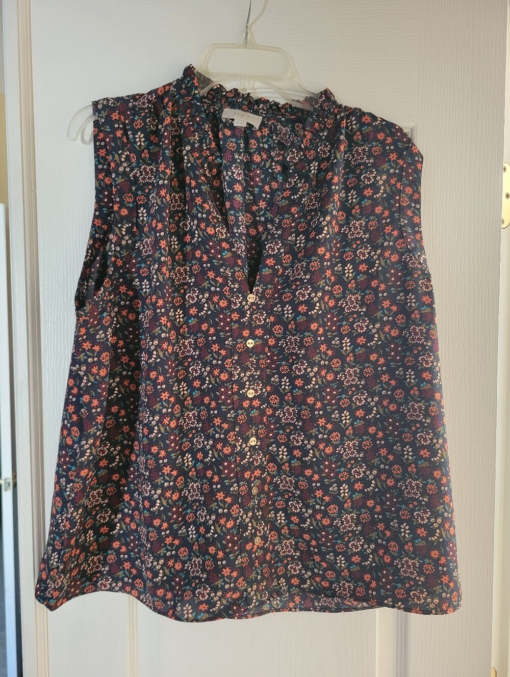LOFT Womens XL Floral Ruffle Neck Sleeveless Blouse Shirt Navy Ditsy Print Fall